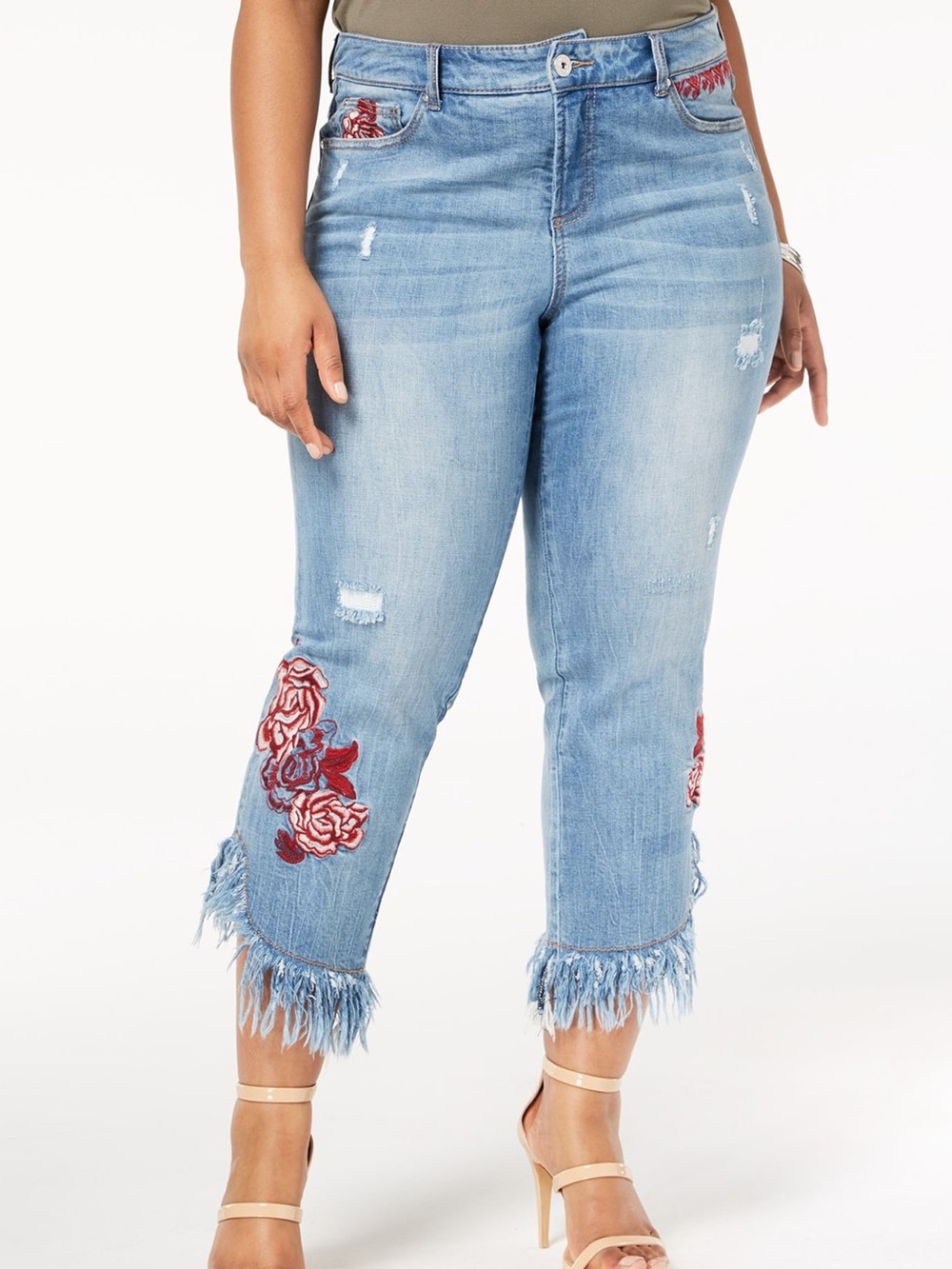 I.N.C. Rose Embroidered Ripped Ankle Jeans Frayed Bottom